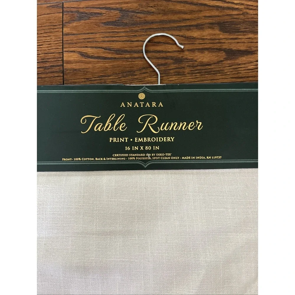 anatara Print Gold Embroidered table runner Floral Birds white peacocks 16 X 80